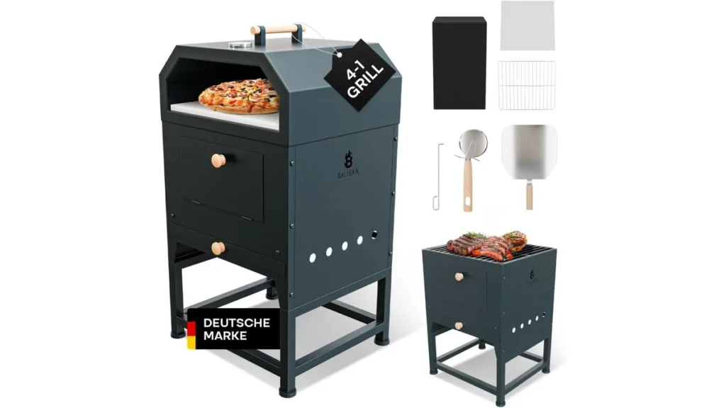 Balheka 2-in-1 Outdoor-Pizzaofen und Grill mit Zubehör wie Pizzastein, Schaufel, Schneider und Abdeckhaube