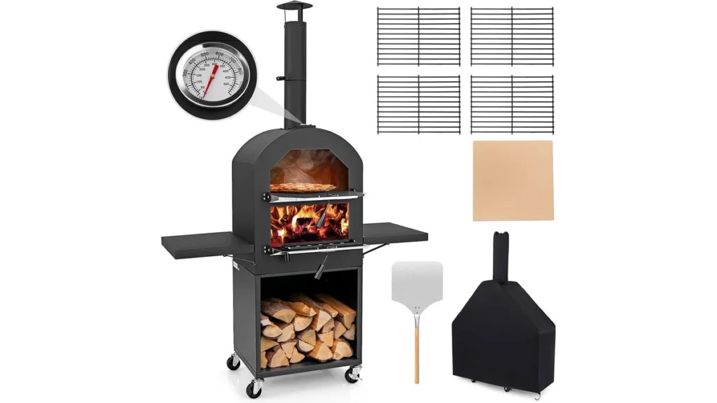 COSTWAY Outdoor Holz-Pizzaofen mit Rädern, Pizzastein und Zubehör für den Garten