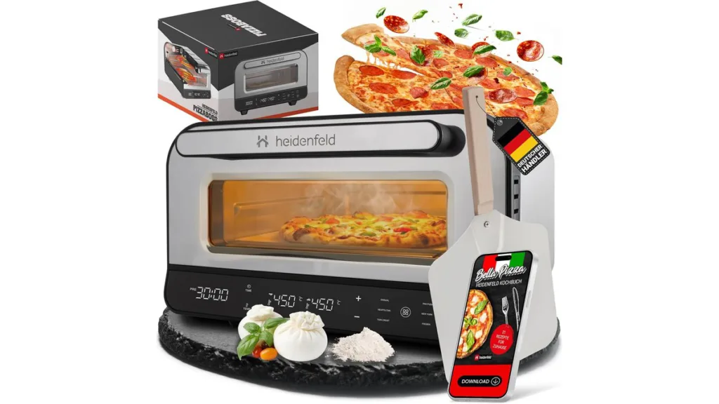 Heidenfeld Pizzaboss elektrischer Pizzaofen mit Sichtfenster, digitaler 450-°C-Anzeige und Pizzaschieber