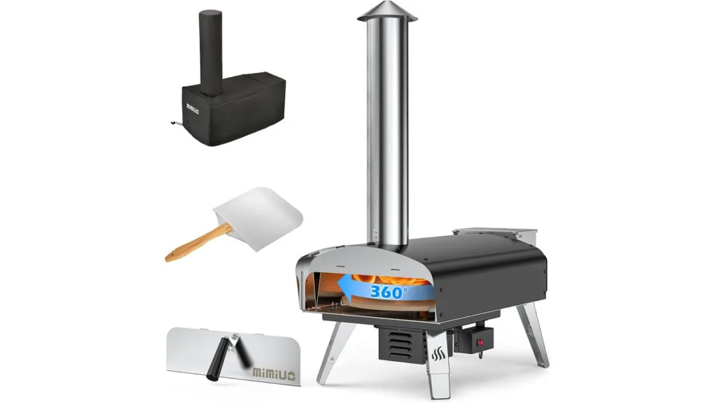 Mimiuo Pellet-Pizzaofen mit Schornstein, 360° rotierendem Pizzastein, Abdeckhaube, Pizzaschaufel und abnehmbarer Tür