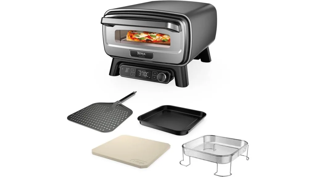 Ninja Artisan Outdoor-Pizzaofen mit Zubehör: Pizzaschieber, Backform, Pizzastein und Heißluft-Fritteusen-Korb
