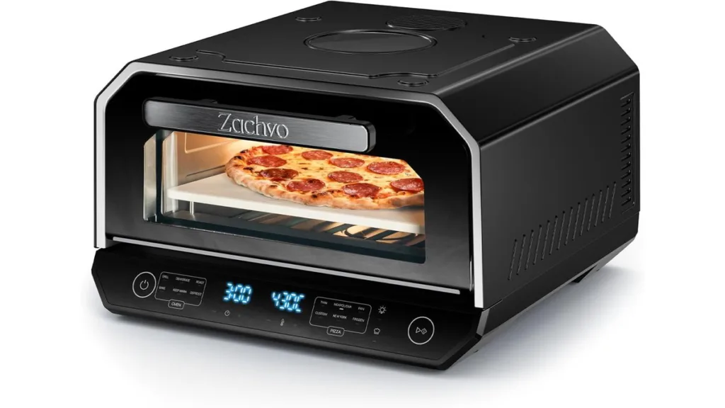 Schwarzer Zachvo Elektro-Pizzaofen mit Sichtfenster, digitalem Display und einer backenden Pizza im Inneren