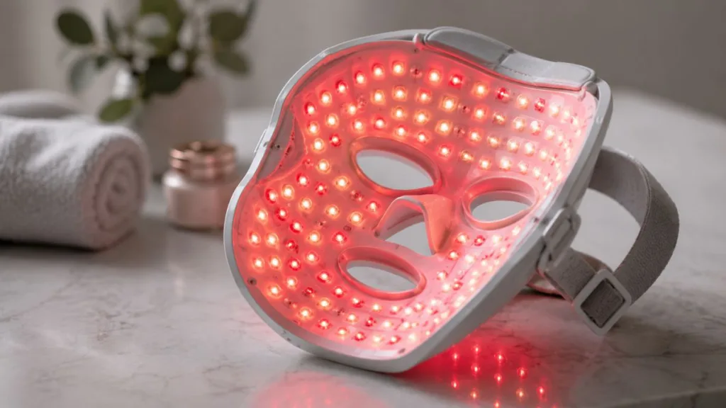 Innenansicht einer LED-Gesichtsmaske mit vielen rot leuchtenden LEDs auf einer hellen Ablage im Beauty-Umfeld.