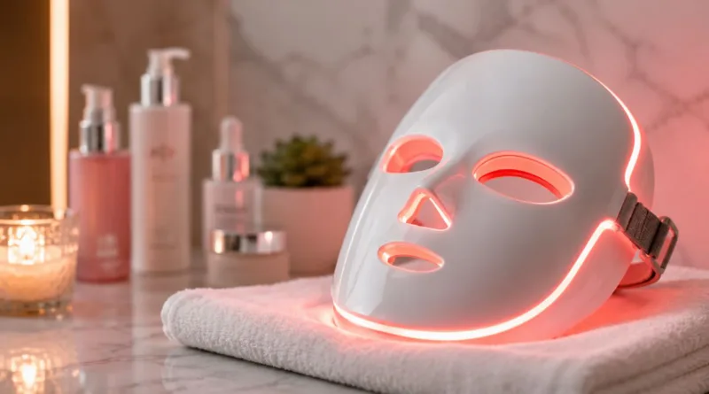 eine LED-Gesichtsmaske liegt auf einem Schminktisch