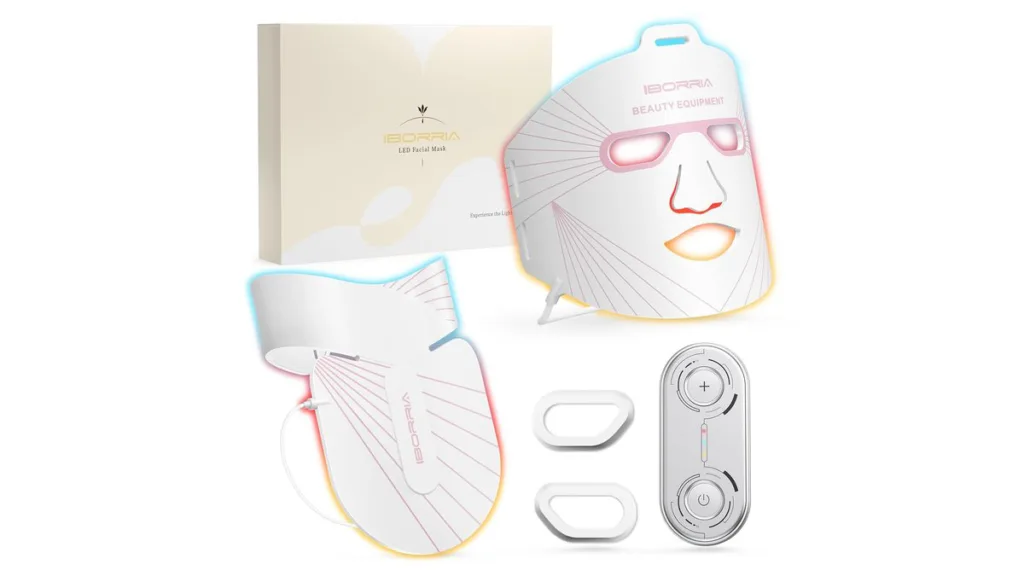 IBORRIA LED-Maske für Gesicht und Hals mit Fernbedienung, Augenschutz und Produktverpackung