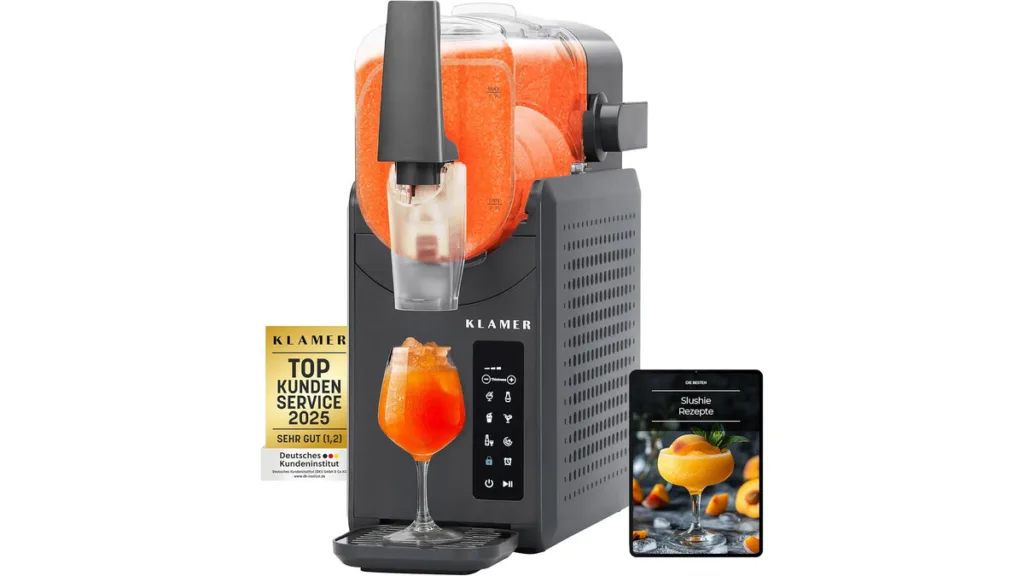 KLAMER Slush-Maschine mit orangefarbenem Slush und Rezeptbuch