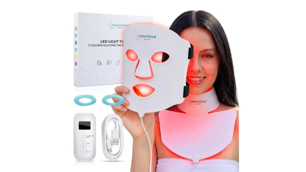 LED-Maske für Gesicht und Hals mit Zubehör wie Fernbedienung, Ladekabel und Augenschutz