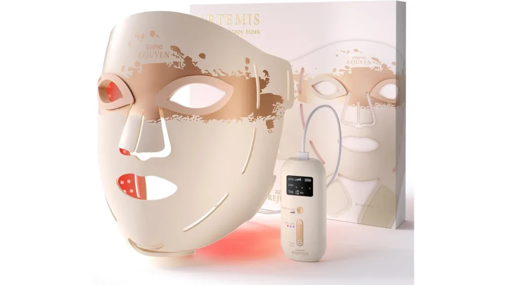 Beige-goldene RENPHO LED-Gesichtsmaske mit Handcontroller und rot leuchtenden LEDs