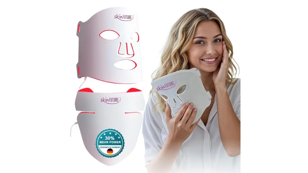 skinFUTURE LED-Maske für Gesicht und Hals mit rotem Licht und Siegel „30% mehr Power, Designed in Germany“