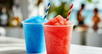 Rote und blaue Slushgetränke in durchsichtigen Bechern auf hellem Tresen