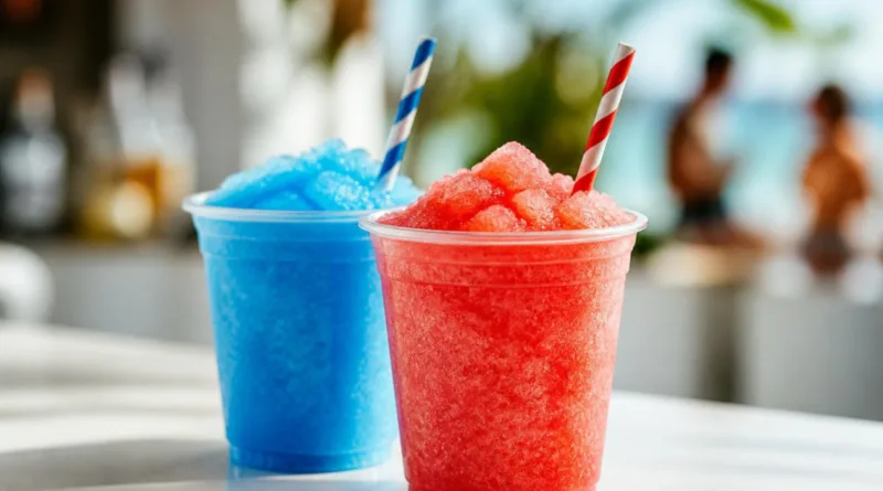 Rote und blaue Slushgetränke in durchsichtigen Bechern auf hellem Tresen