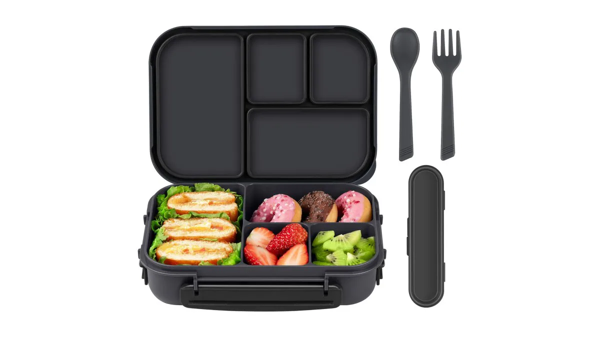 Amathley Brotdose 1200ml Bento Box mit 4 Fächern und Besteck