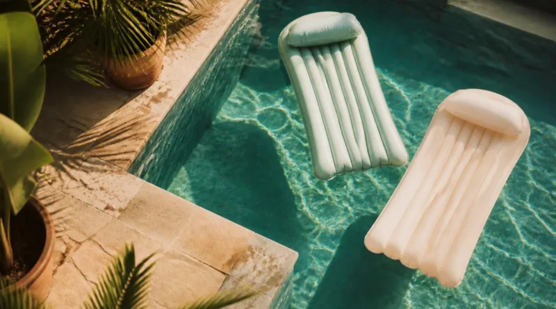 Sommerlicher Pool mit aufblasbaren Lounges auf dem Wasser