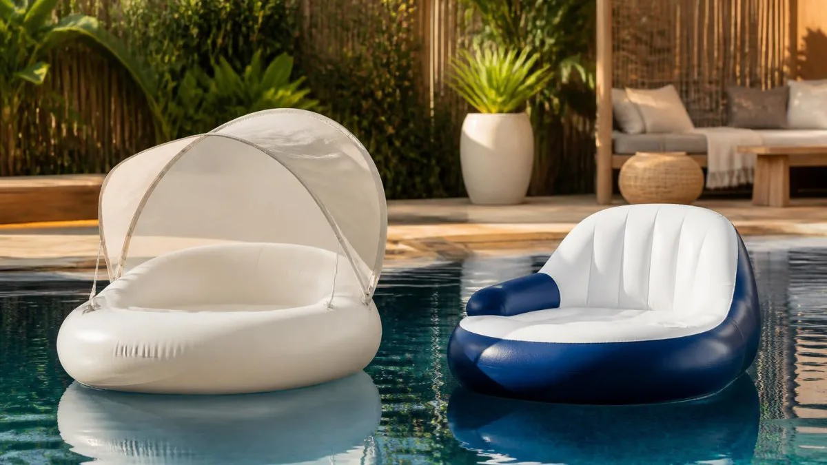Zwei Pool‑Lounges nebeneinander, eine mit Sonnendach