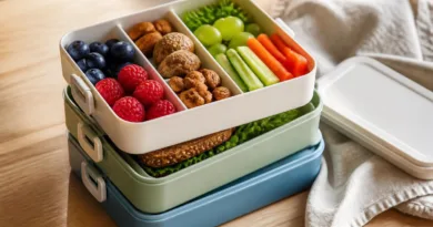 Mehrstöckige Lunchbox geöffnet, Fokus auf Ebenen und Fächer