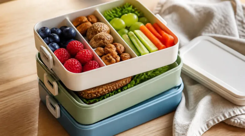 Mehrstöckige Lunchbox geöffnet, Fokus auf Ebenen und Fächer