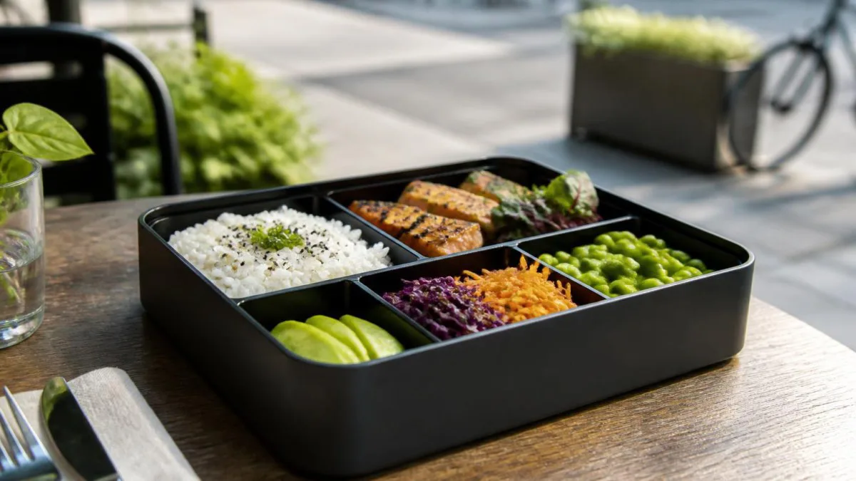 eine der Lunchboxen, die Bento-Box auf Café-Tisch mit mehreren Fächern