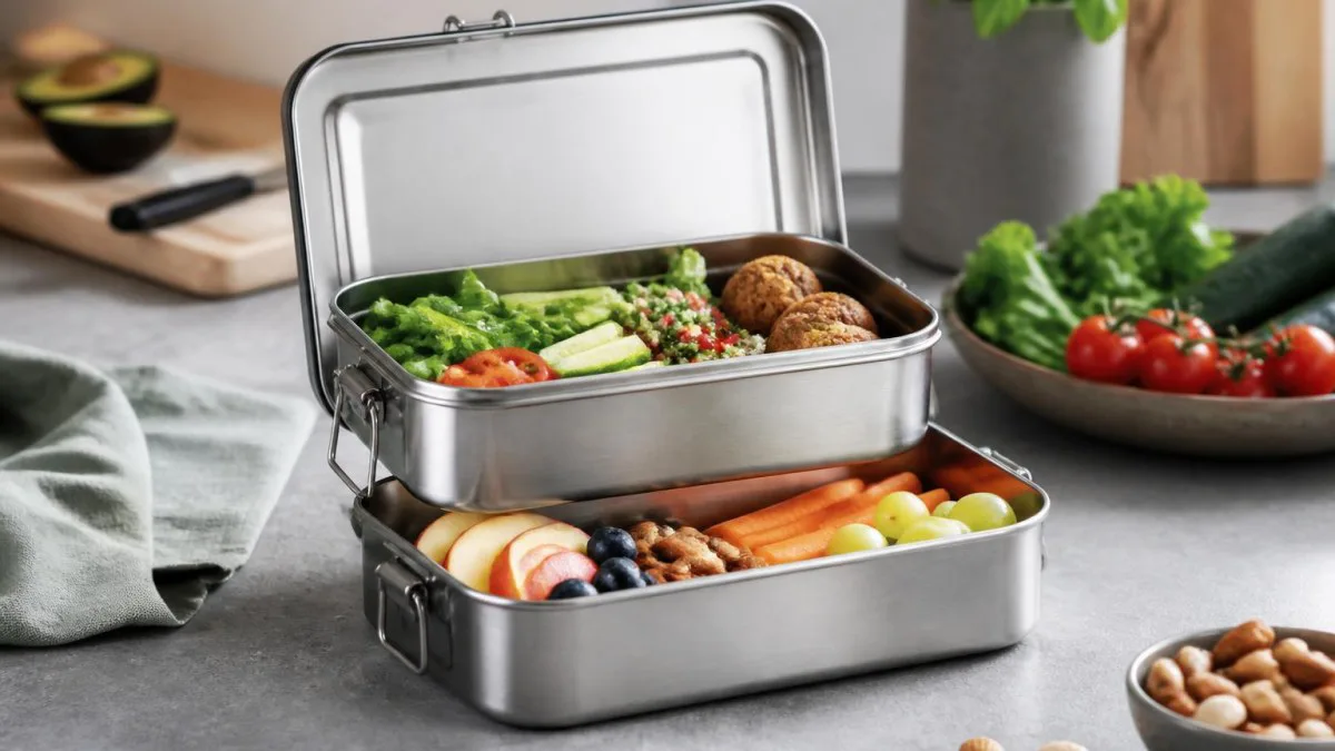 Edelstahl-Lunchbox mit zwei Etagen auf Arbeitsplatte
