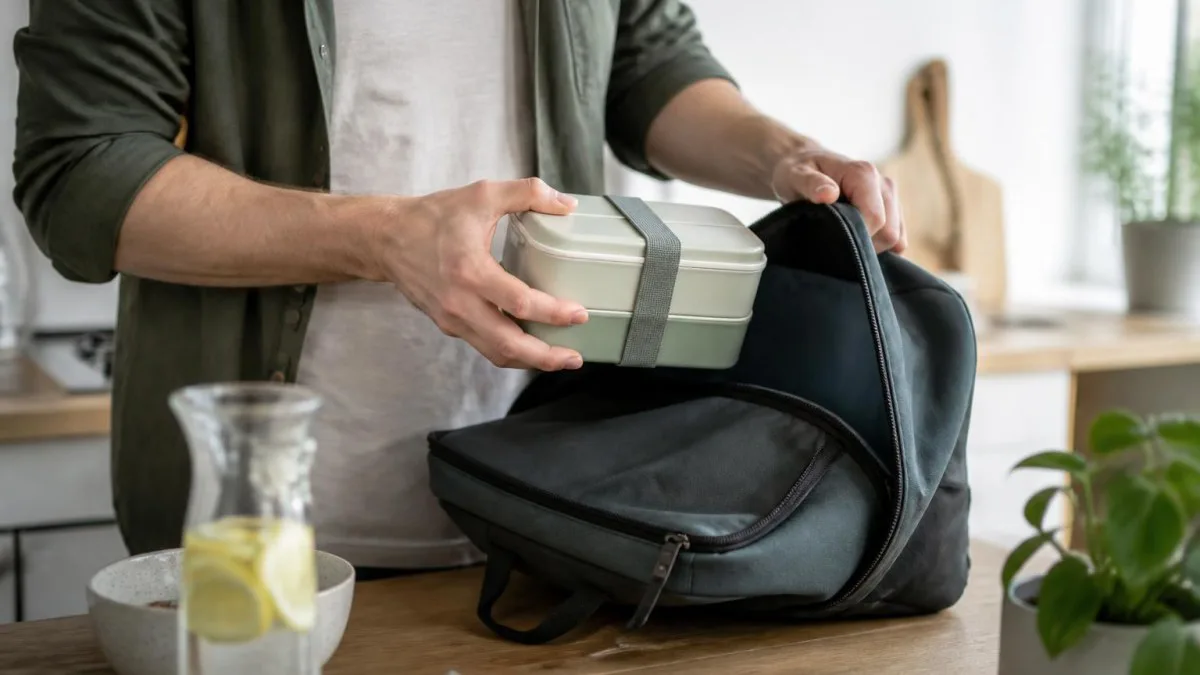 Modulare Lunchbox wird in Rucksack gepackt