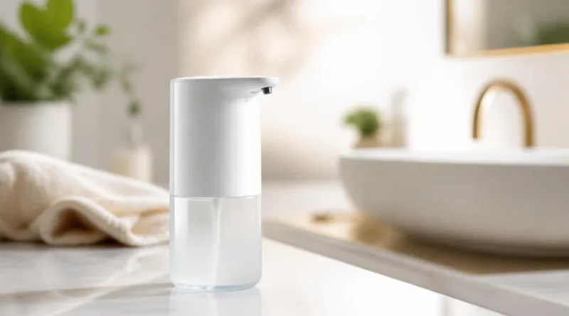 Moderner automatischer Seifenspender auf sauberer Oberfläche in Badezimmerambiente