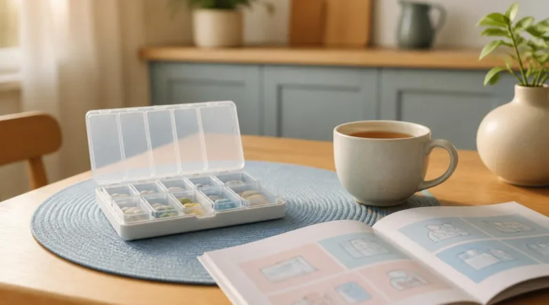 Automatischer Tablettenspender auf Küchentisch neben Tasse und Anleitung