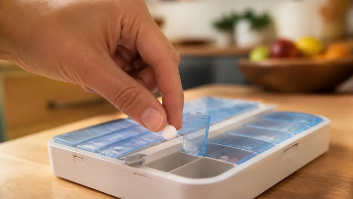 Hand legt Tablette in Tablettenspender