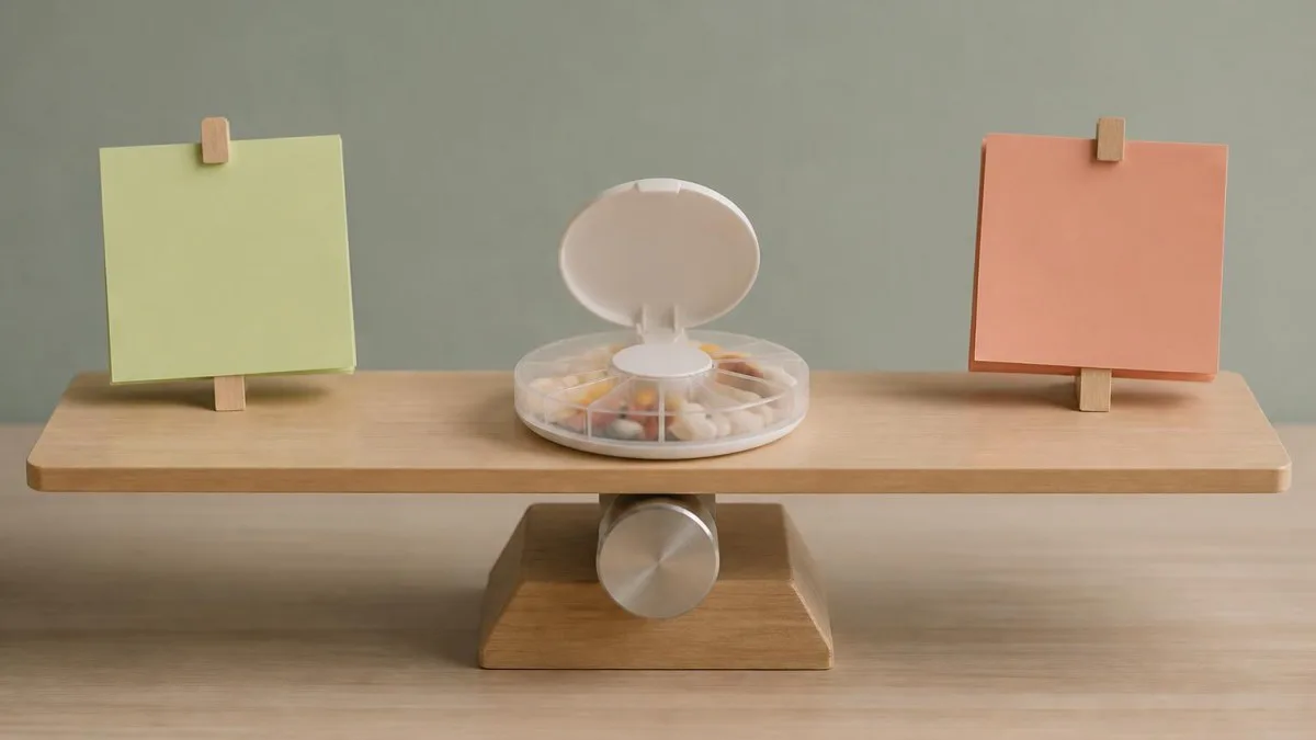 Symbolische Abwägung Vor- und Nachteile eines Tablettenspenders