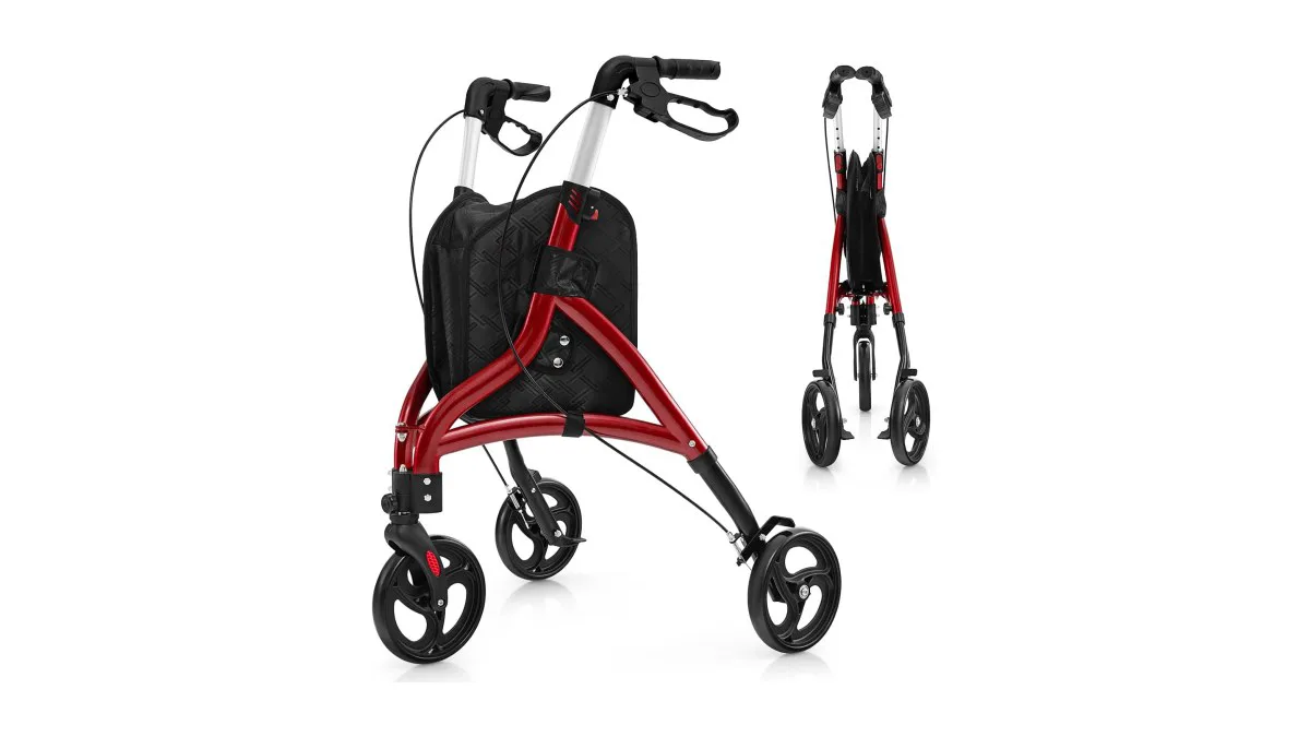 COSTWAY Dreirad‑Rollator mit Tasche in schmaler Aufstellung vor einer Wohnungstür