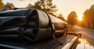 faltbare dachbox auf autodach bei sonnenaufgang, antirutschmatte sichtbar
