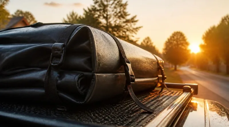faltbare dachbox auf autodach bei sonnenaufgang, antirutschmatte sichtbar