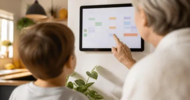 Digitaler Wandkalender in Familienküche, Monatsansicht mit farbigen Einträgen