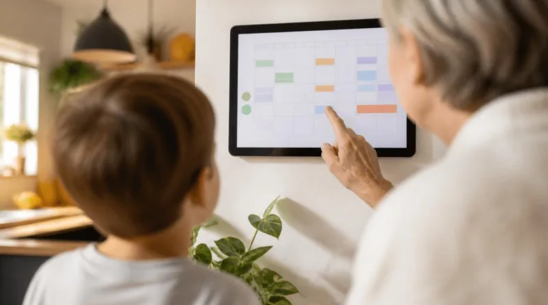 Digitaler Wandkalender in Familienküche, Monatsansicht mit farbigen Einträgen