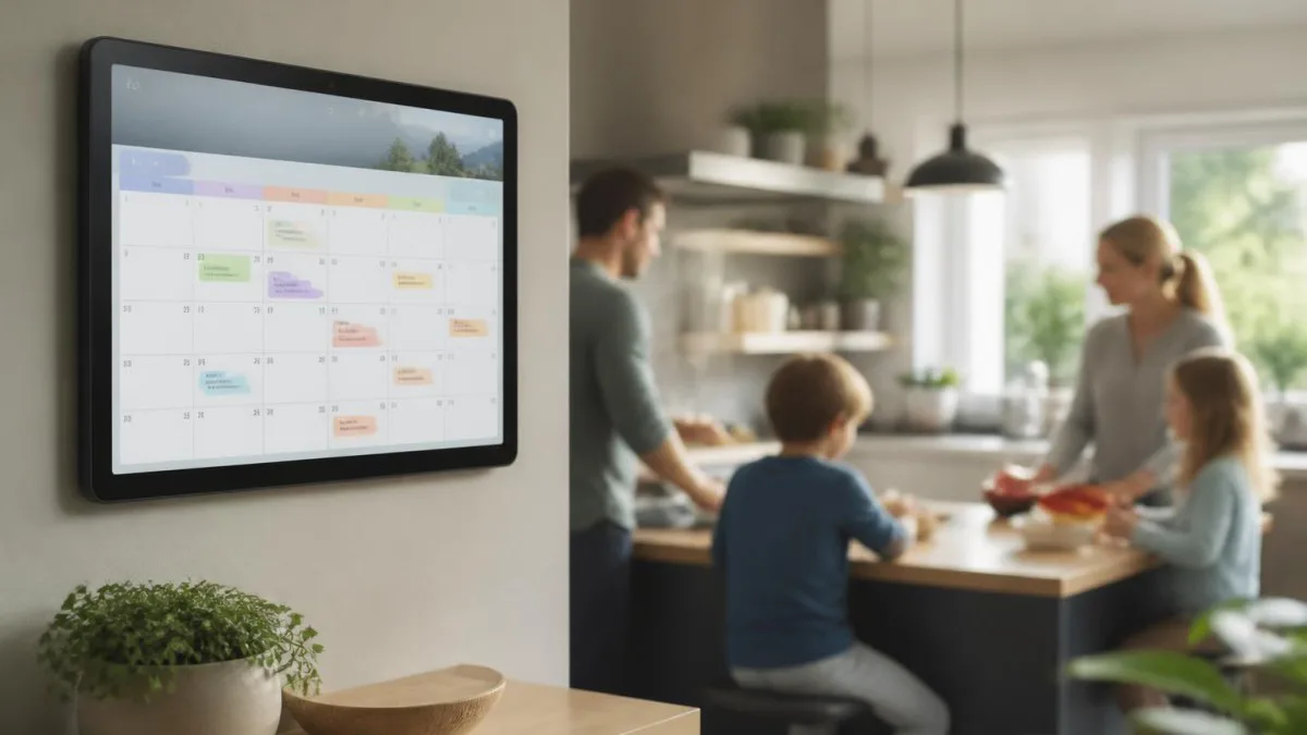 Familienküche mit digitalem Wandkalender, Fokus Display