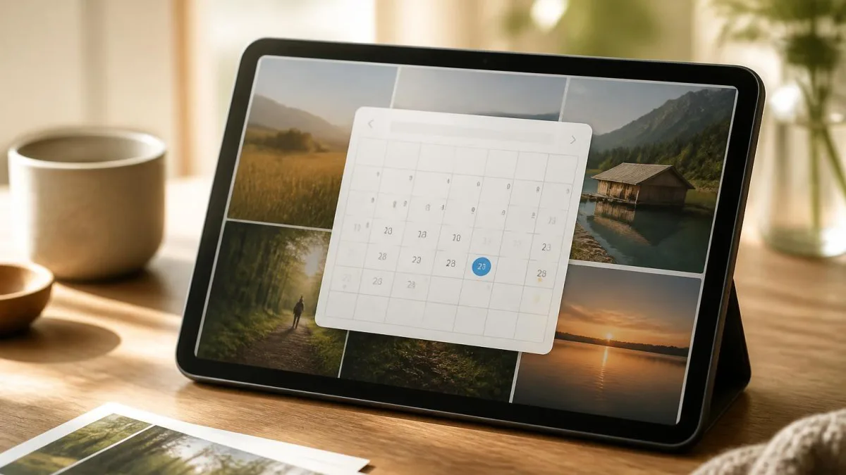 Multimedia‑Kalender mit Fotoanzeige und Kalenderoberfläche