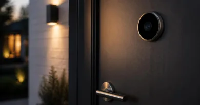 Haustür mit modernem digitalen Türspion bei Abendlicht
