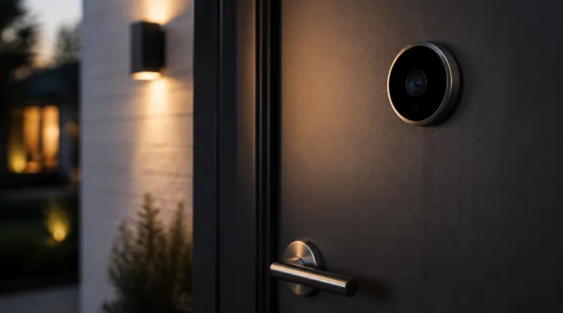 Haustür mit modernem digitalen Türspion bei Abendlicht