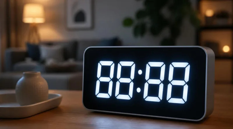 Großes digitales Uhrdisplay im Wohnzimmer