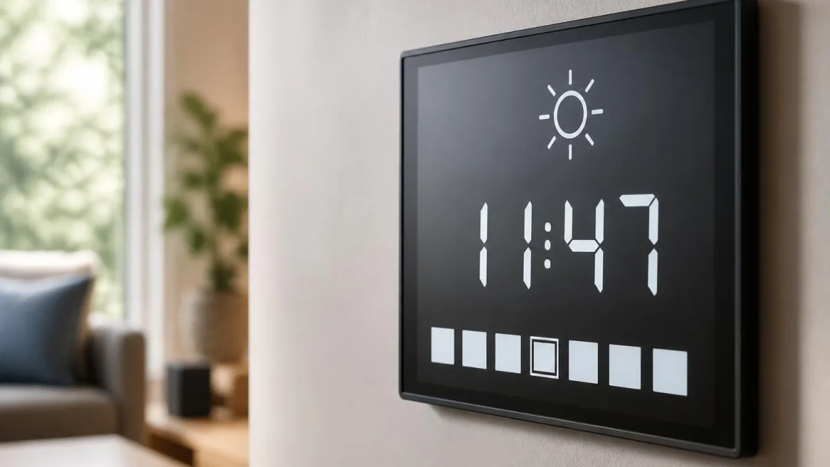 Großes digitales Display an Wohnzimmerwand von einer der digitalen Uhren