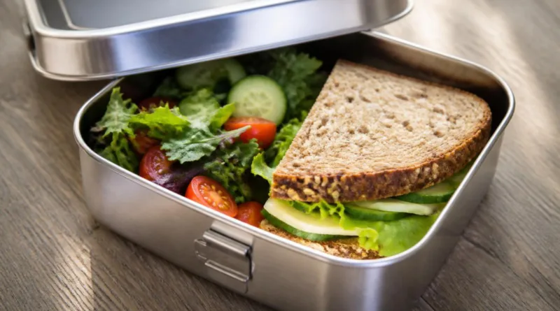edelstahl lunchbox geöffnet mit sandwich und salat