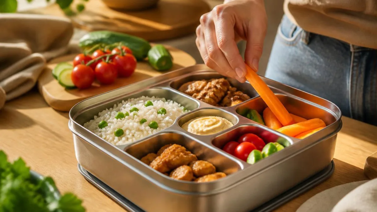 packen einer der 9 edelstahl lunchboxen fächeraufteilung