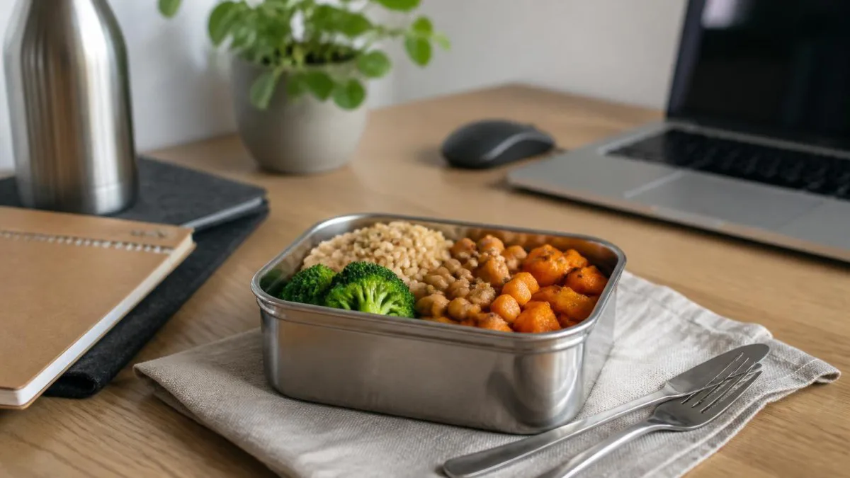 edelstahl lunchbox auf schreibtisch set