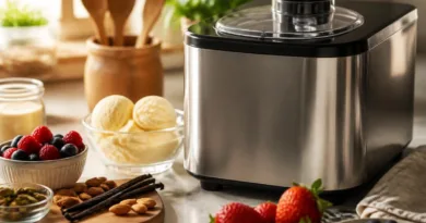 Eismaschine auf Arbeitsplatte mit frischen Zutaten