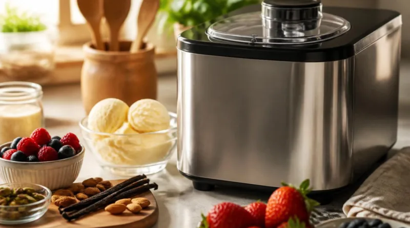 Eismaschine auf Arbeitsplatte mit frischen Zutaten