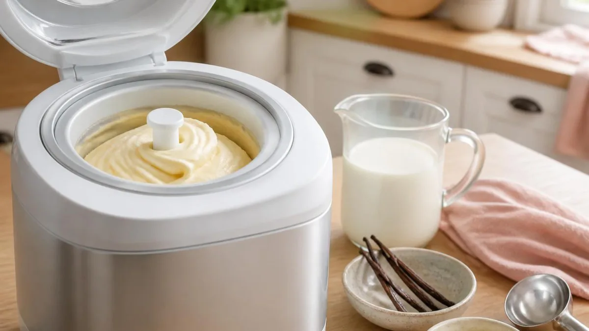 Geöffnete Eismaschine mit cremigem Eis und Rezeptzettel