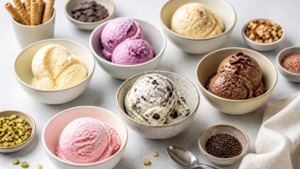 Mehrere kleine Schälchen mit verschiedenen Eissorten und Mix‑In Zutaten