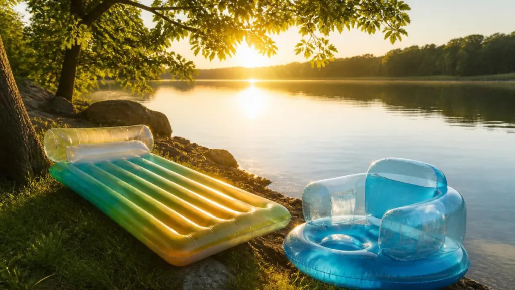 Seeufer mit aufgeblasener Luftmatratze und Schwimmsessel, Sommer
