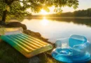 Seeufer mit aufgeblasener Luftmatratze und Schwimmsessel, Sommer