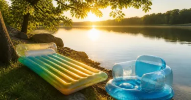 Seeufer mit aufgeblasener Luftmatratze und Schwimmsessel, Sommer