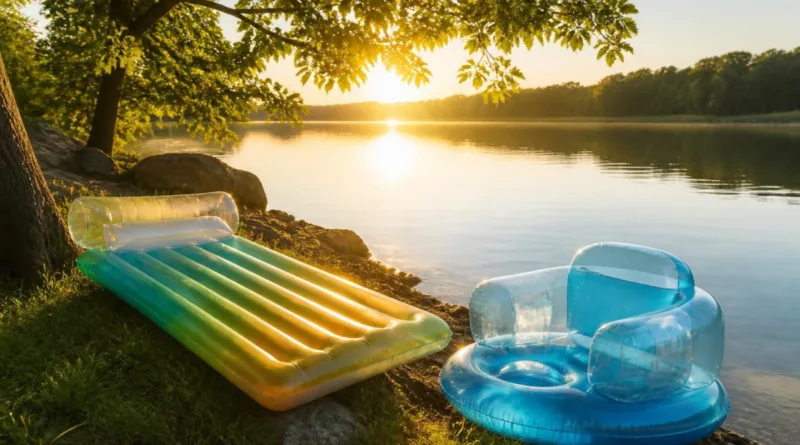 Seeufer mit aufgeblasener Luftmatratze und Schwimmsessel, Sommer