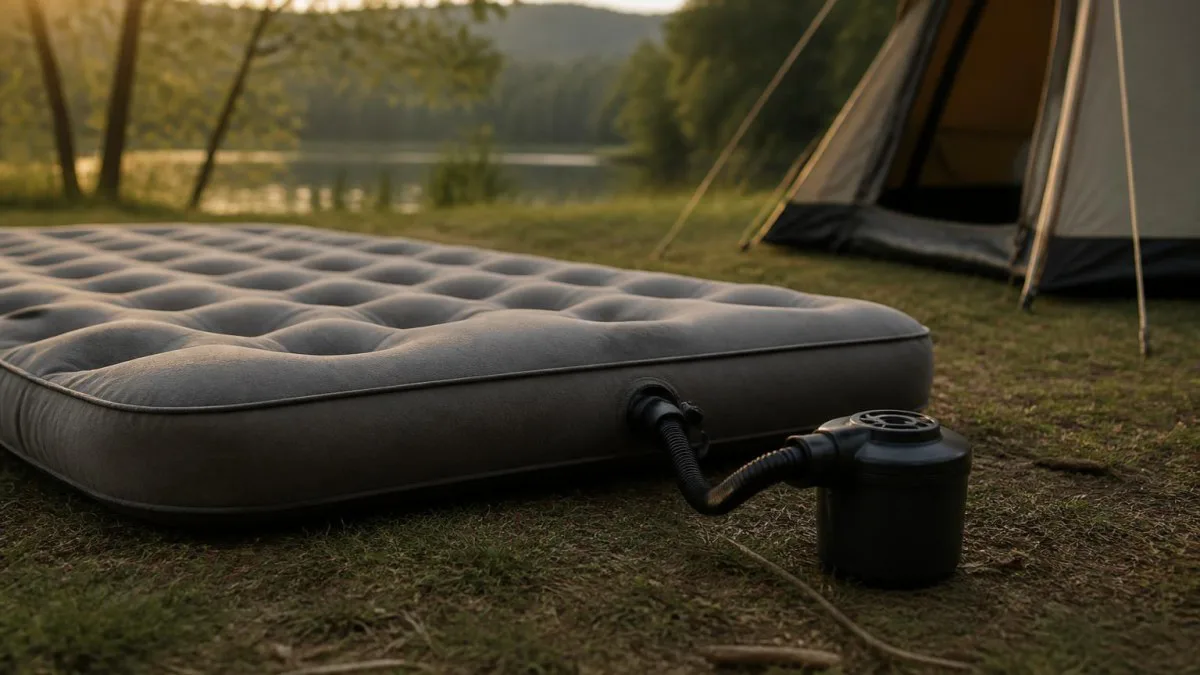 Luftmatratze und Kompaktpumpe auf Campingplatz